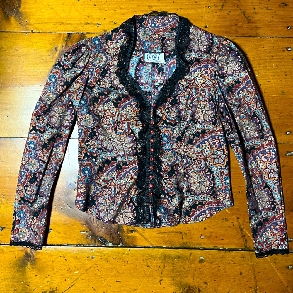 Vintage Victorian gothic puffed long sleeve lace paisley button blouse circle T